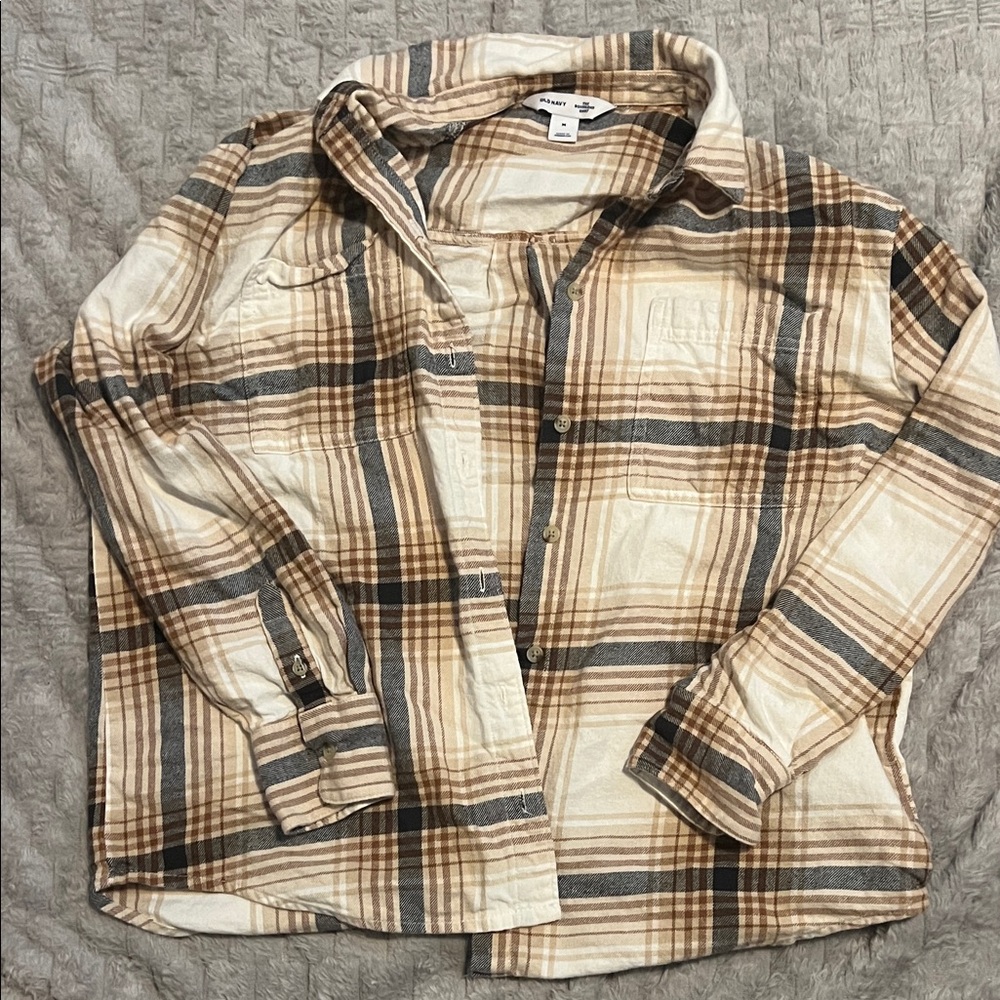 Old Navy Plaid Button-Up Shirt - Brown and Cream